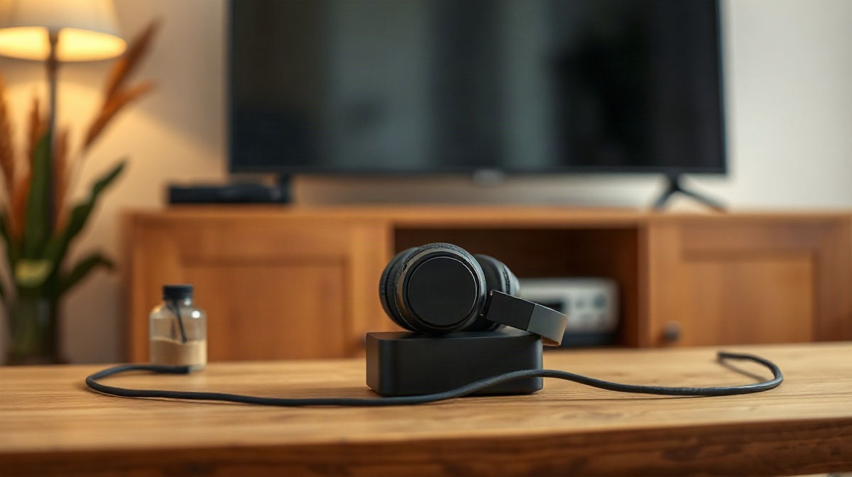 Un casque TV posé sur son émetteur, devant une télévision